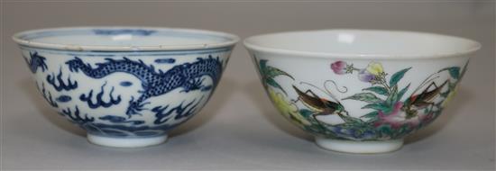 A Chinese blue and white dragon bowl and a Chinese famille rose crickets and flowers bowl, 9.2cm and 9.7cm